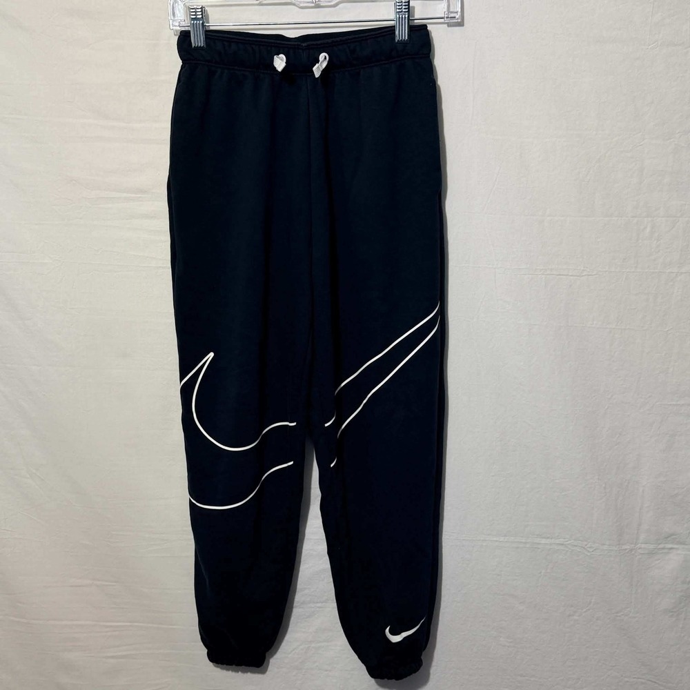 Nike Joggers Kids Small Black Cotton Blend Swoosh Graphic Sweatpants Sporty Y2K